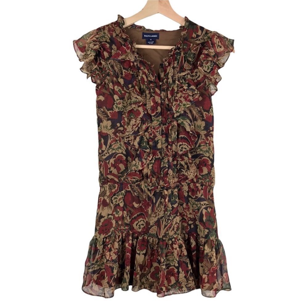 Lauren Ralph Lauren Girls Floral Ruffle Dress Brown Burgundy Size Girls 10
